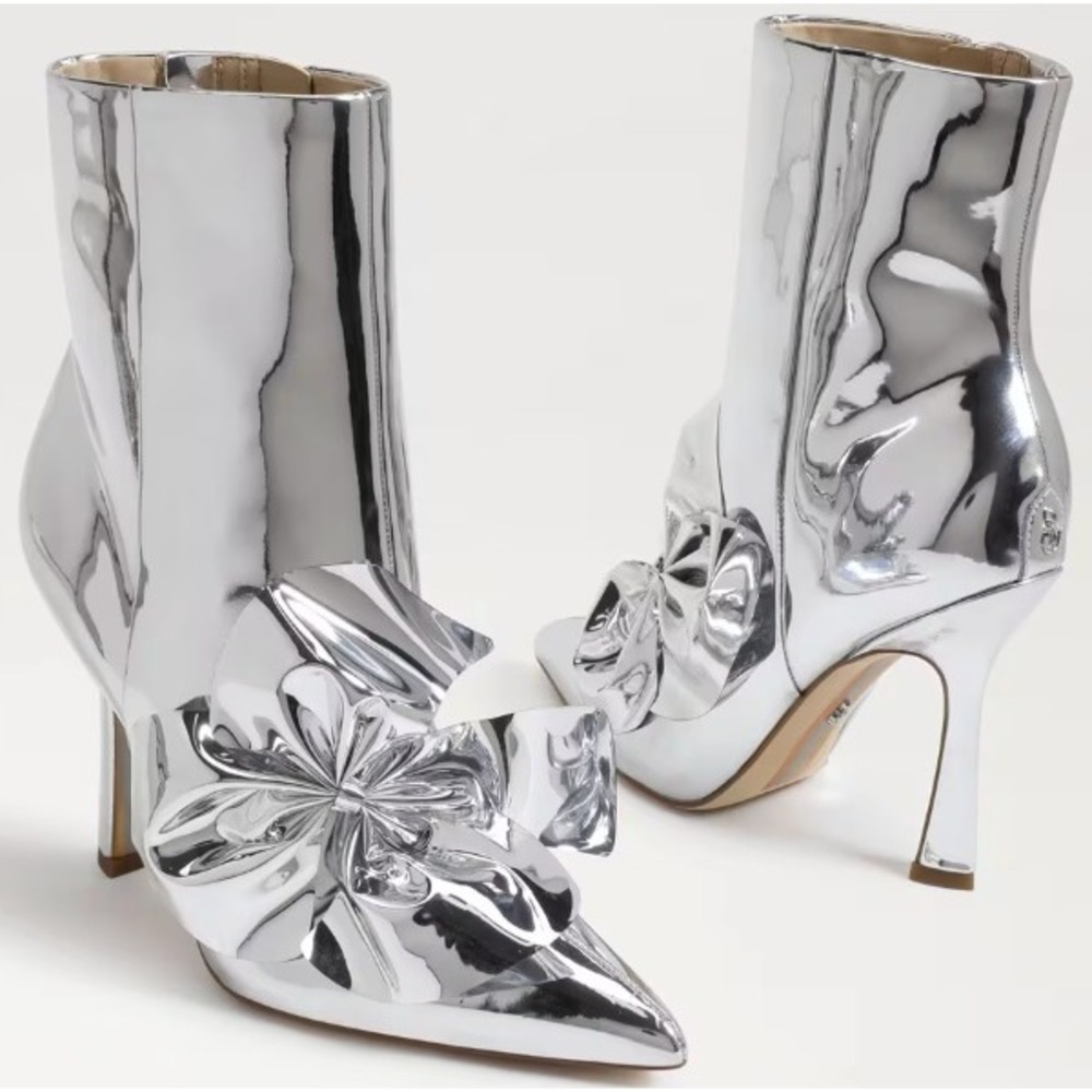 Sam Edelman Size 8 Silver Metallic Pointed Ankle Bootie Bow Stiletto Boots Esmae - Picture 2 of 14